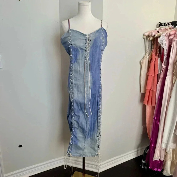 Y2K Denim 90s Lace-Up Dress ombré wash L/XL western coastal cowgirl - Picture 2 of 8